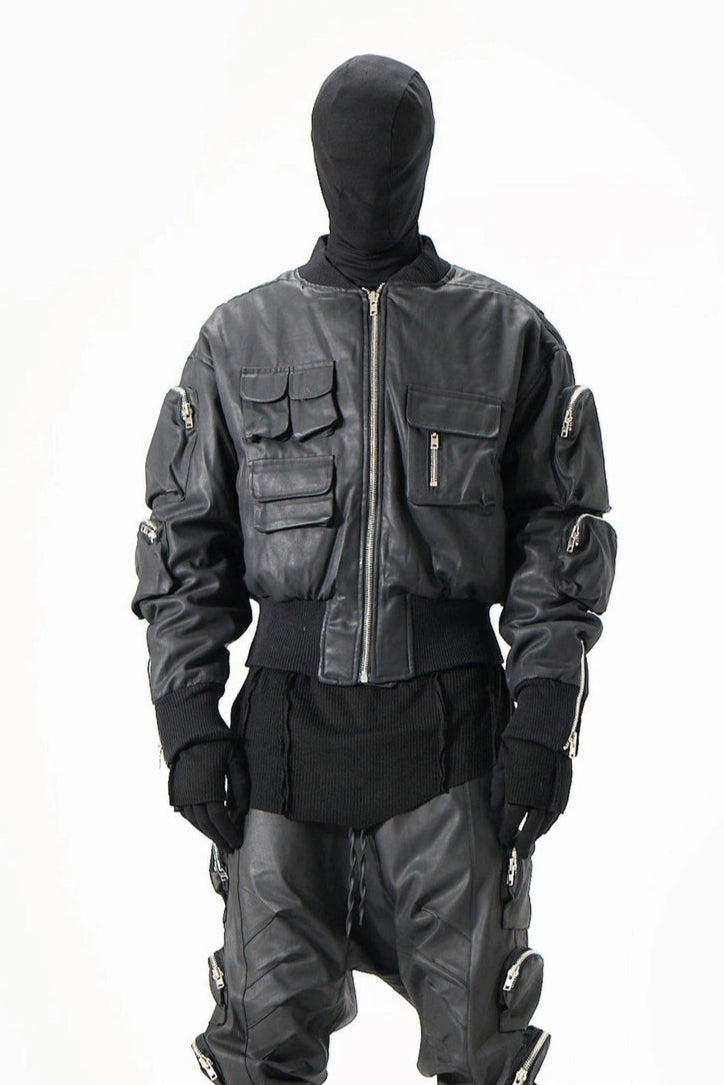 COATED BLACK POCKETS BOMBER JACKET