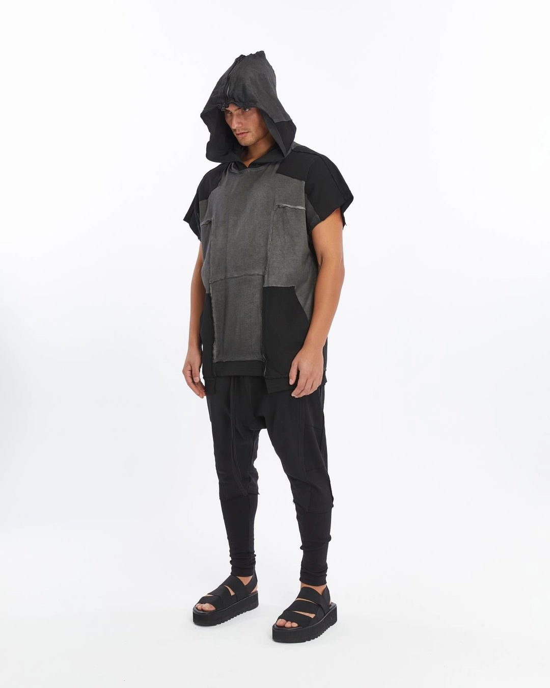 DARK GREY ZIP-UP HOODED T-SHIRT