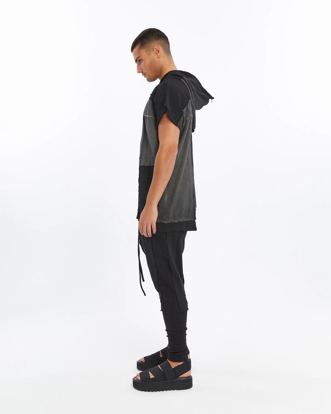 DARK GREY ZIP-UP HOODED T-SHIRT