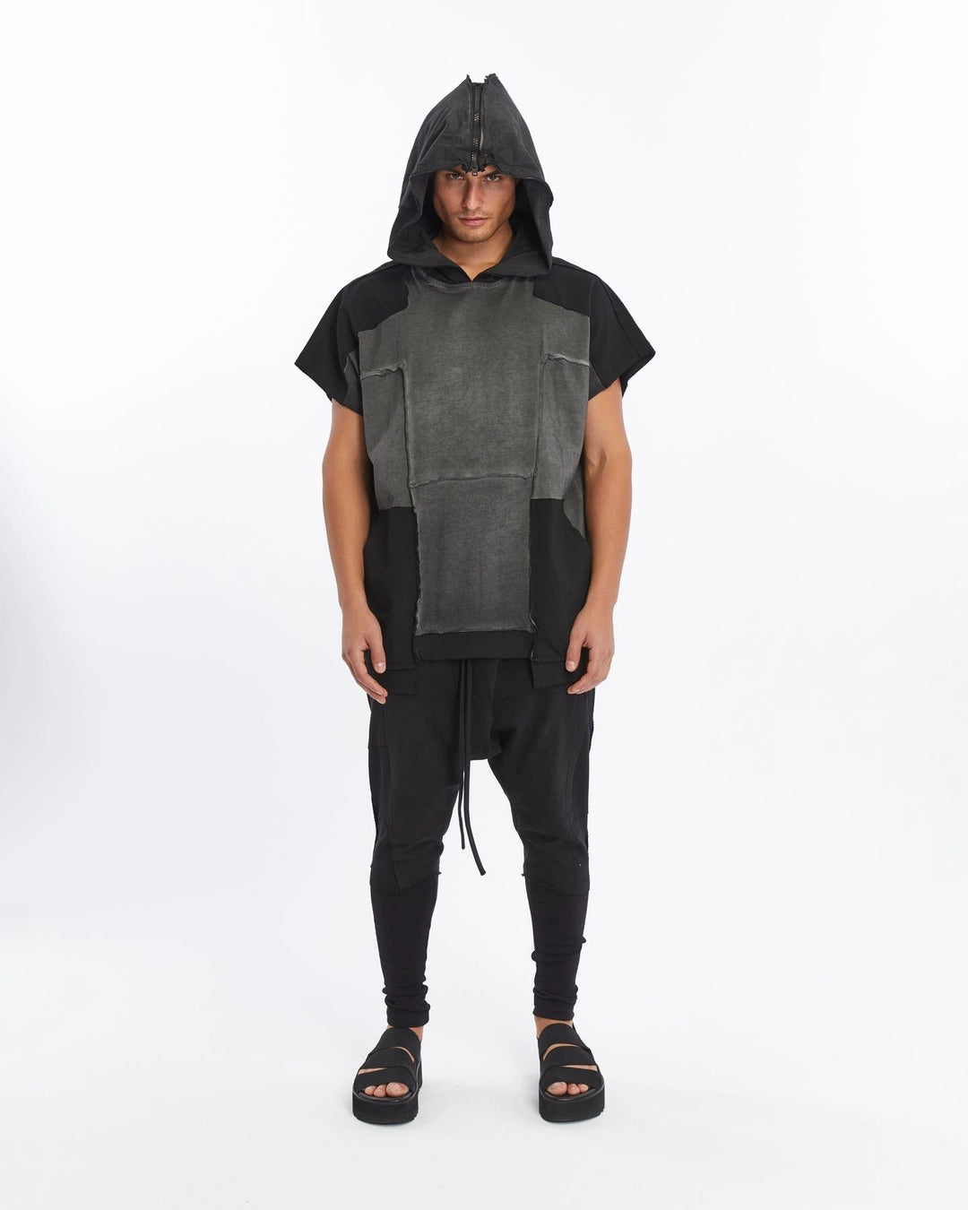 DARK GREY ZIP-UP HOODED T-SHIRT
