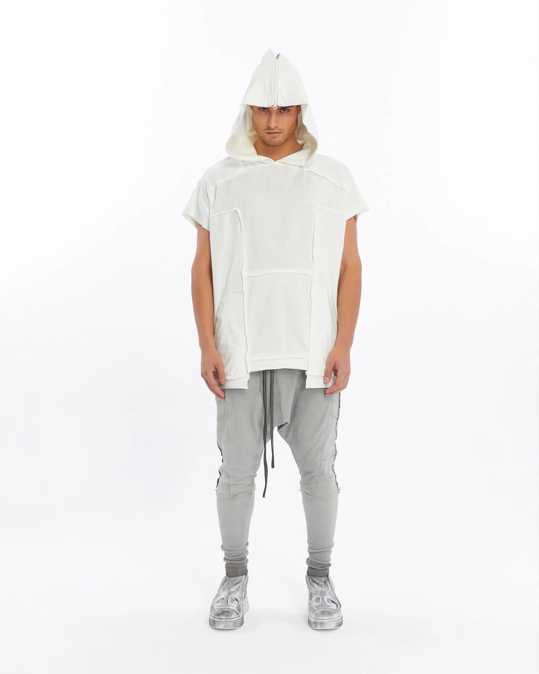 WHITE ZIP-UP HOODED T-SHIRT