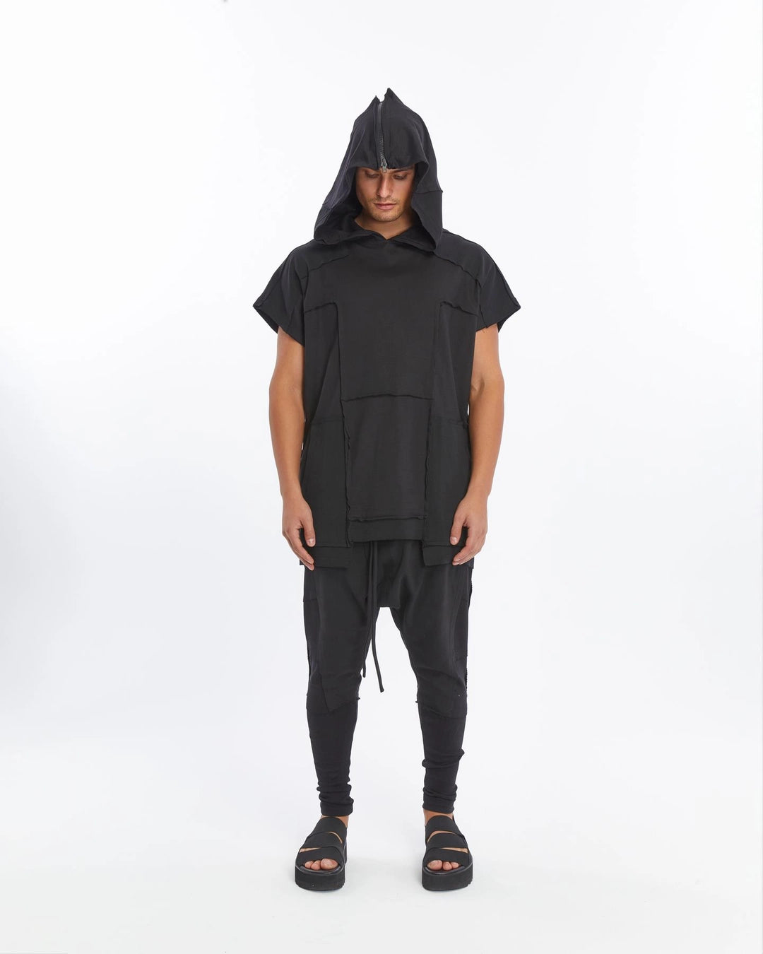 BLACK ZIP-UP HOODED T-SHIRT